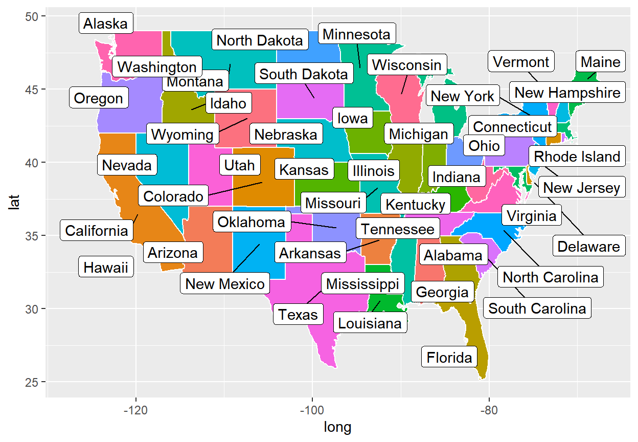 Use the geom_label_repel function to add labels without overlapping in ggplot2